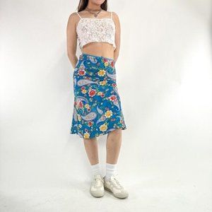 Blue Floral/paisley Print Flowy MIDI Skirt
